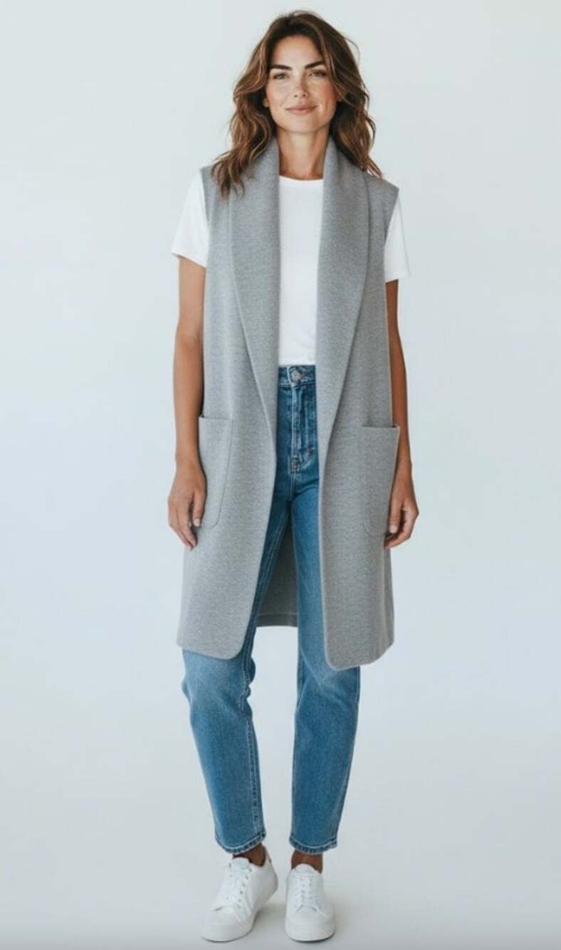 Joie Duster Long Shawl Collar Sweater Vest Minimalist Layer Pockets Gray Large